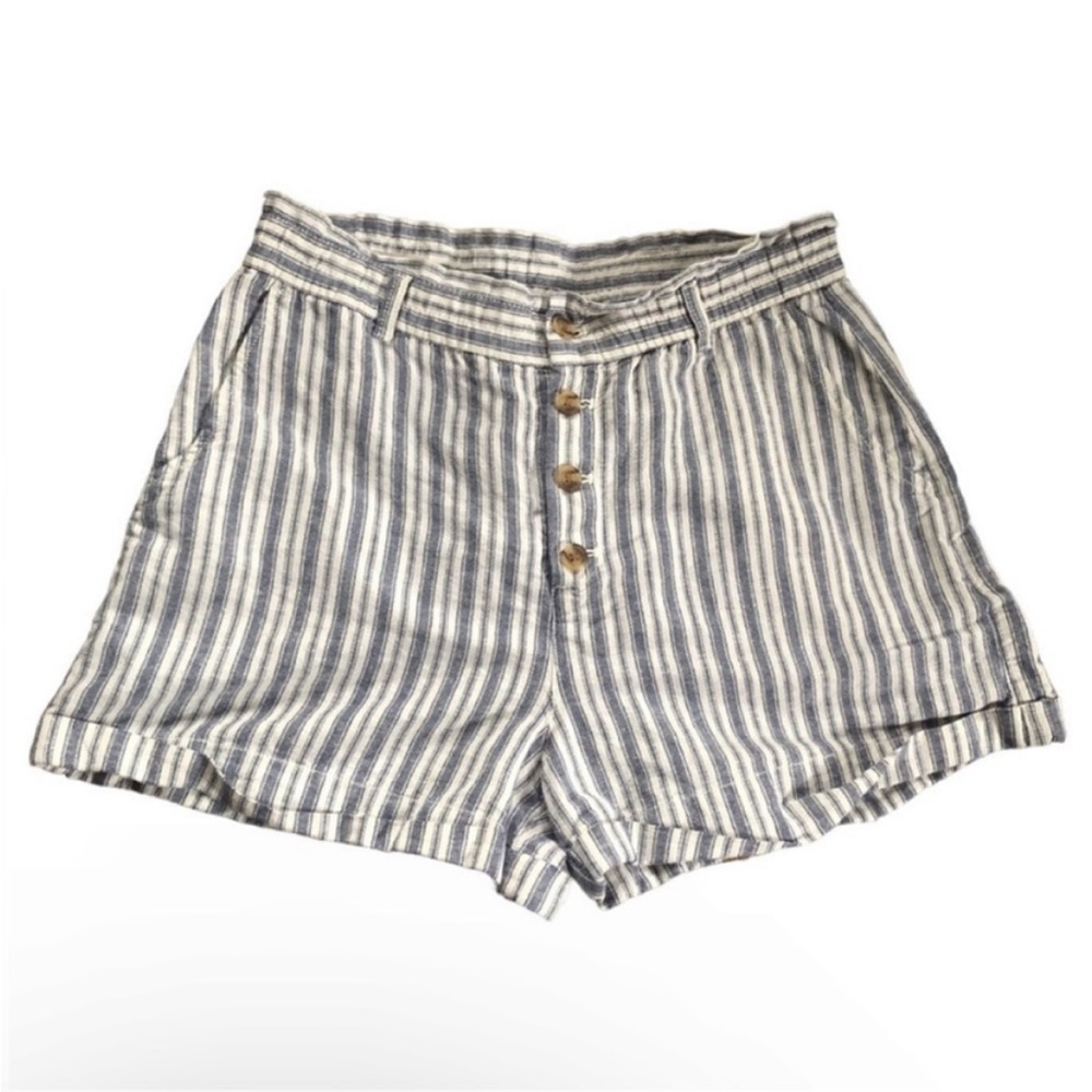 GAP High-Rise Paper Bag Waist Shorts Linen Cotton Navy White Stripe Coastal 14P - Picture 1 of 11